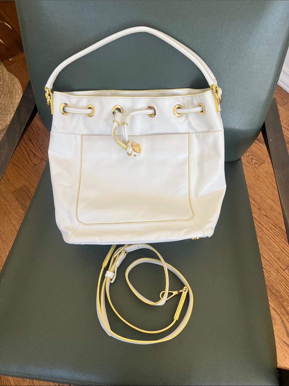 DRAPER JAMES White Leather Drawstring Shoulder Bag with Gold Hardware